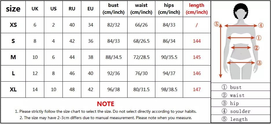 Size chart for women sexy v neck off shoulder shoulder sequin mosaic gown displaying measurements in cm and inch for bust waist hip and length across sizes XS to XL with UK US RU EU size conversions.