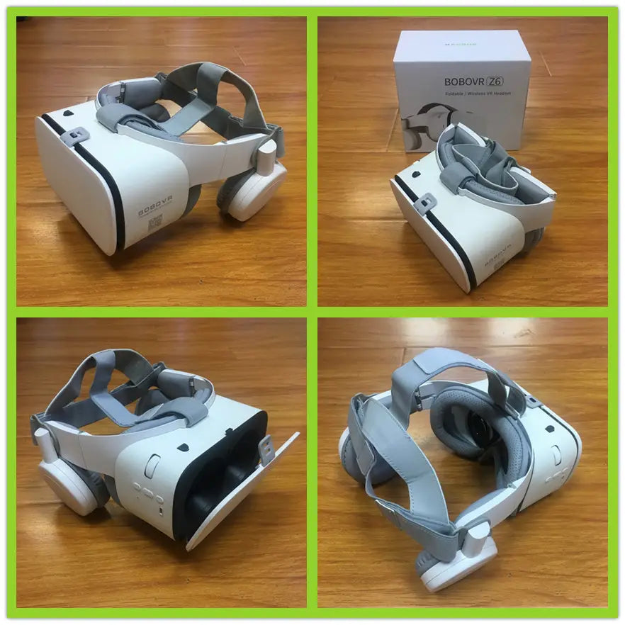 White and gray bobovr z6 bluetooth wireless headset vr glasses with adjustable head straps and remote control functionality.