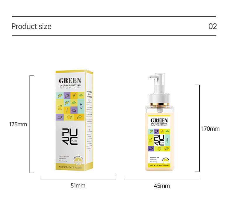 Yellow and white rectangular box with colorful leaf patterns labeled green energy boosting hair conditioner by pure for huanran hair conditioner care and hair moisturizing.