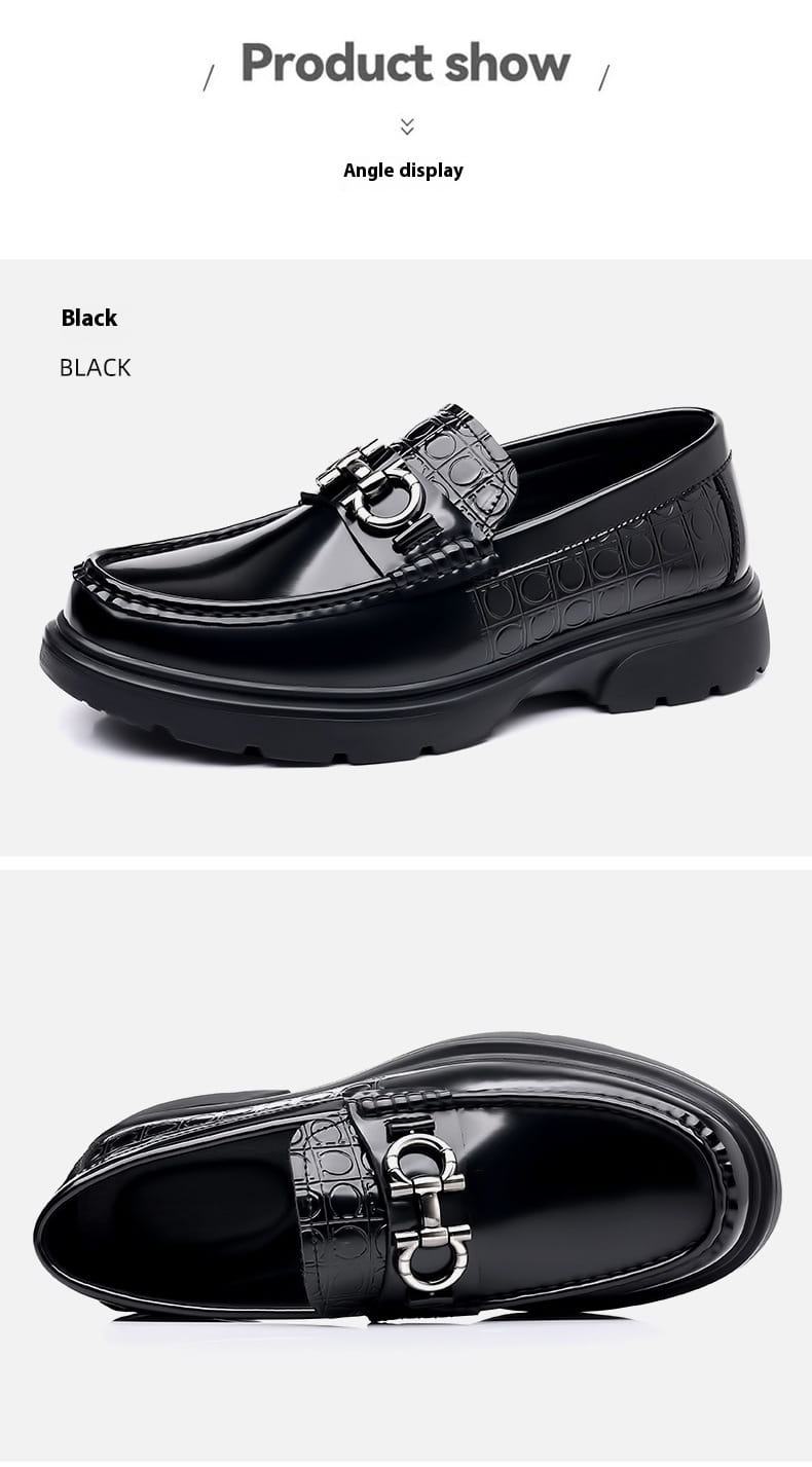 Black patent leather loafer with crocodile texture and silver-toned metal buckle designed as platform retro casual shoes.
