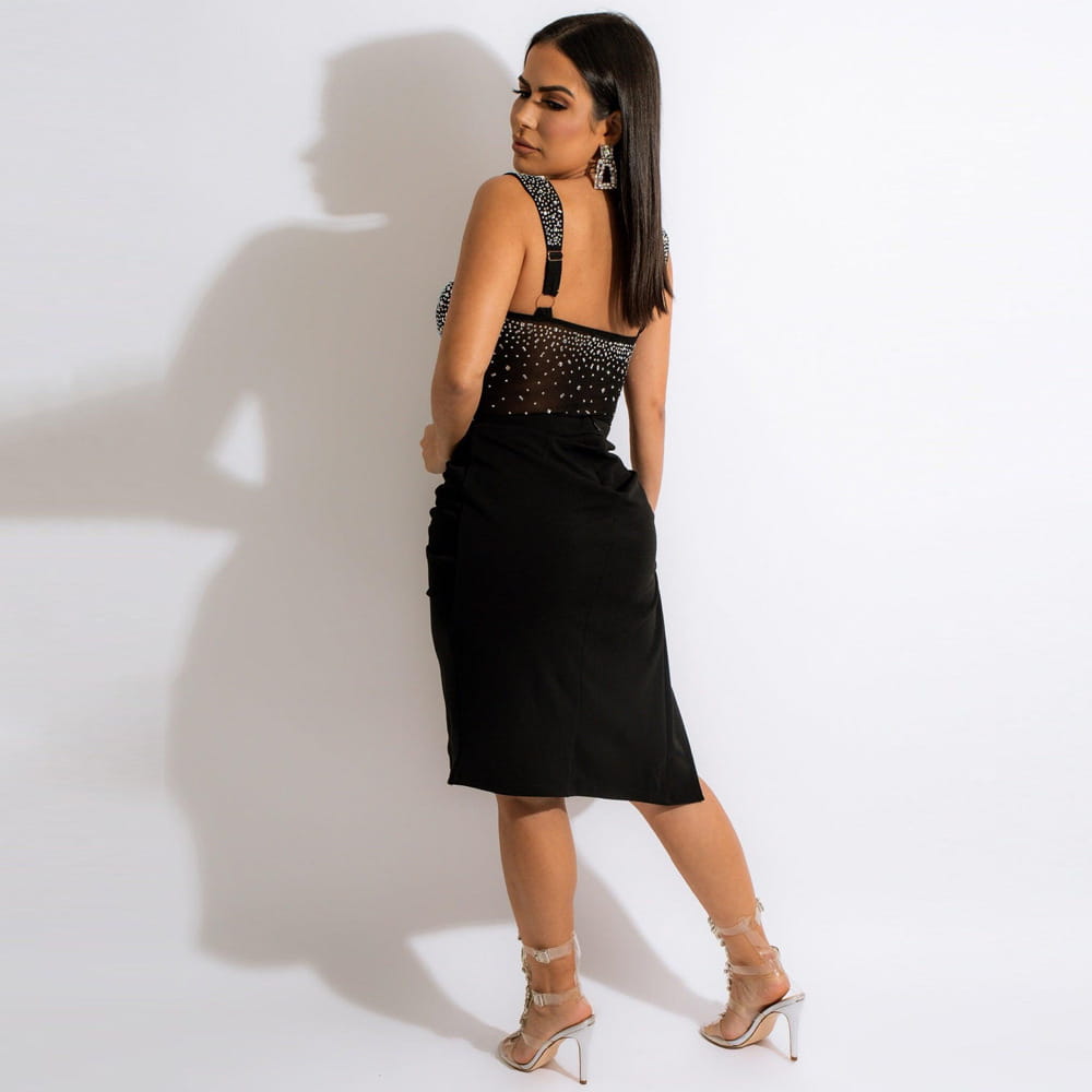 black midi dress featuring a rhinestone sling backless sheer embellished bodice paired with a sleek satin skirt from the rhinestone sling backless set two colors collection