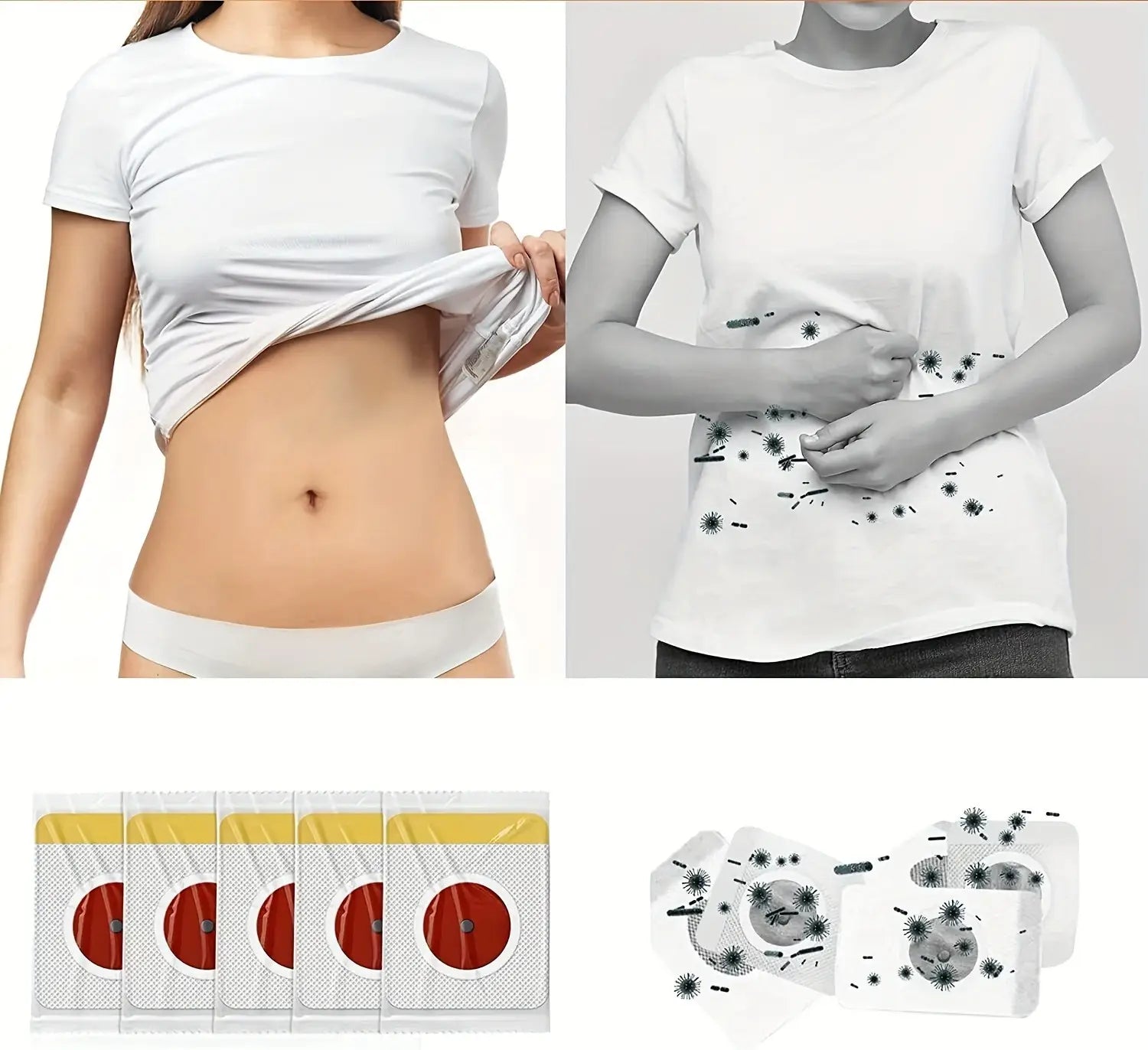 white adhesive navel belly button patch with a red circular center and black virus illustrations designed for button patch slimming in magnetic slimming navel belly button patch product.