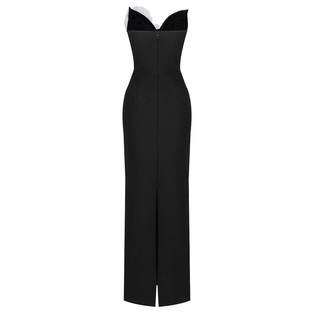 black backless bandage white floral gown featuring a black velvet and satin strapless sweetheart neckline with backless bandage chest design