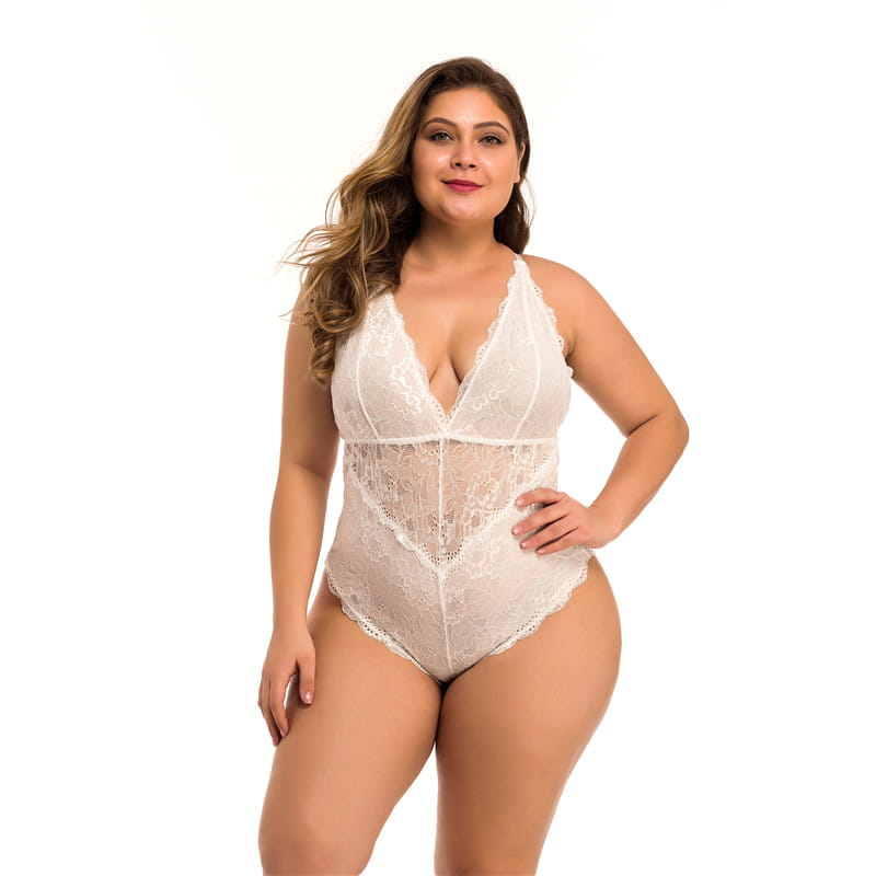 white lace bodysuit with a deep v-neckline and sheer mesh panels designed as plus size lace meshsexy lingerie with red floral accents