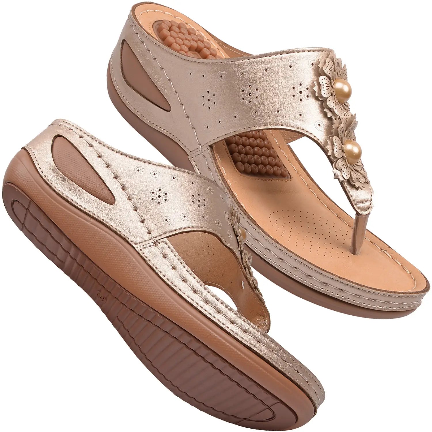 beige gold-toned leather large size lightweight thong sandals with floral embellishments and cushioned massage sole