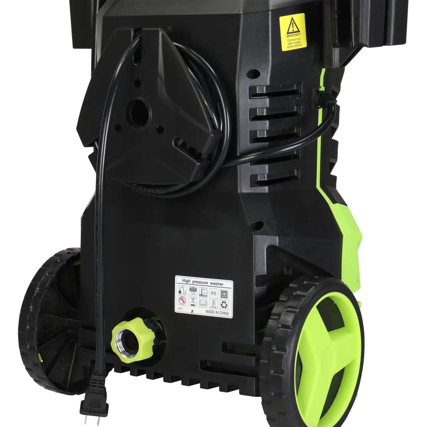 Green and black high pressure cleaner featuring neon green accents, rugged wheels, and a coiled hose for portable high pressure cleaning.