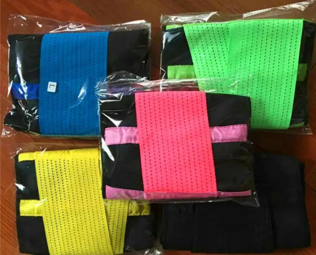 Brightly colored slimming waist belts in perforated mesh material with orange, black, blue, green, pink, and yellow accents designed for effective waist slimming.