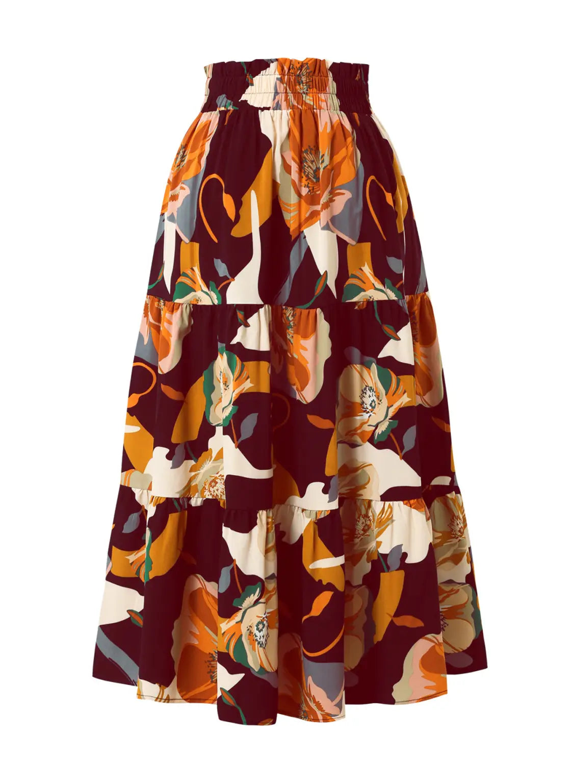 a cream tiered pleated floral print midi skirt with vibrant orange cream and maroon hues on a dark burgundy floral print elastic waist background