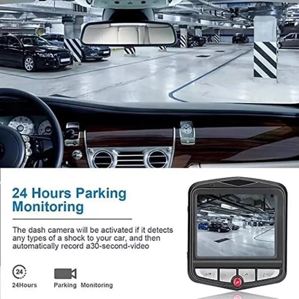 black dash cam with a small screen and four buttons below it designed as a 1080P full hd car dvr with night vision for vehicle recording.