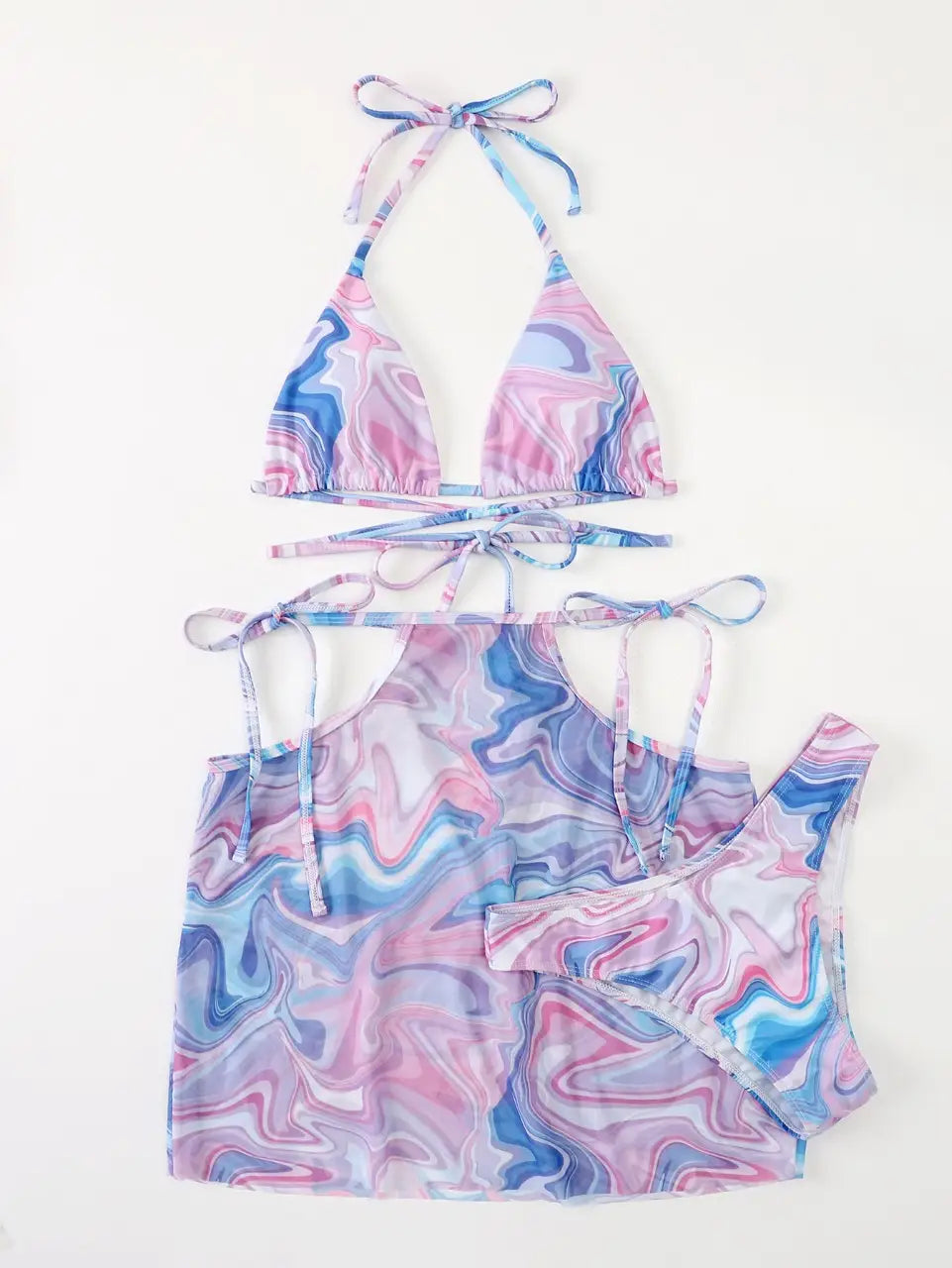 a pastel pink and blue marbled halter top bikini 3-piece beach set with a matching tie-side 3-piece beach skirt cover-up