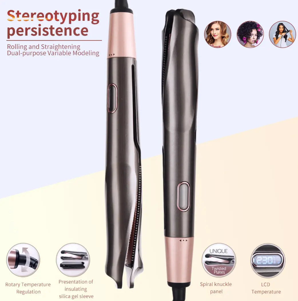 Rose gold and dark gray gold ceramic flat iron for curly hair care with spiral knuckle panel and lcd temperature display for care straight long use.