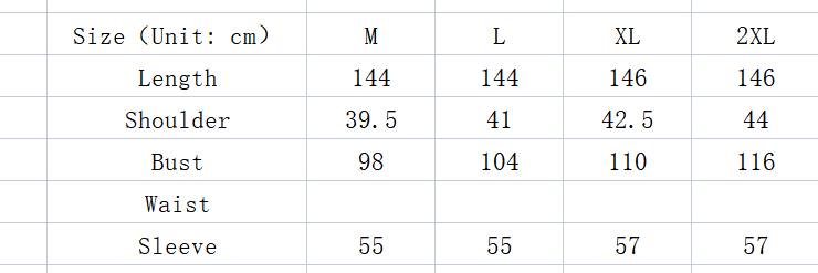 the table displays size measurements in centimeters for an embroidered long sleeve foreign trade dress, detailing length, shoulder width, bust, waist, and sleeve length across sizes m through 2xl.