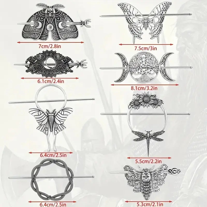 silver-toned metal female viking barrettes featuring intricate moth, butterfly, moon, and dragonfly designs made from animal alloy.