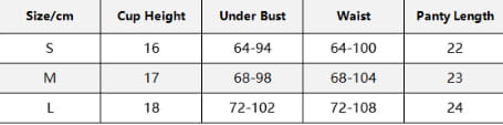 The image shows a size chart in centimeters for women’s lavender and pink see-through two-piece set pants made of comfortable fabric in sizes s, m, and l.