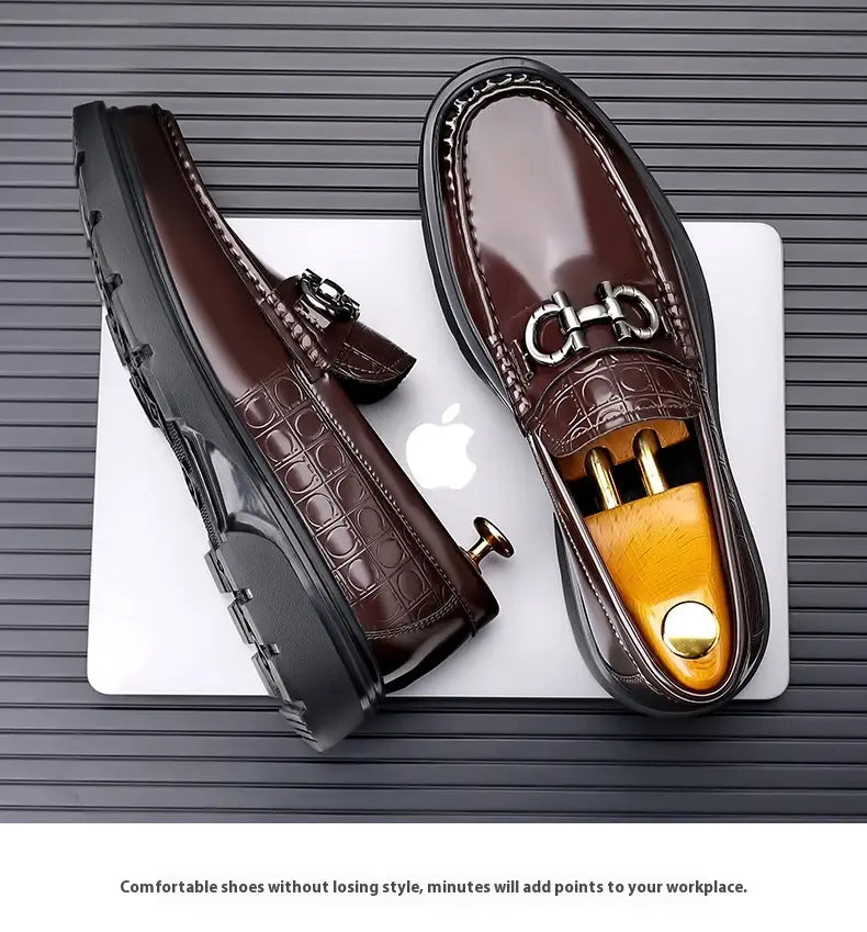 Brown leather platform retro casual loafers with a glossy finish, embossed crocodile pattern on the sides, and a silver horsebit buckle.