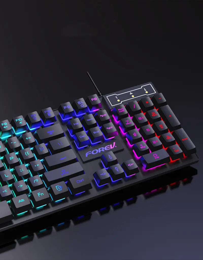 black rgb four piece keyboard mouse headset bundle featuring a black four piece keyboard with vibrant blue, purple, and red rgb backlighting.