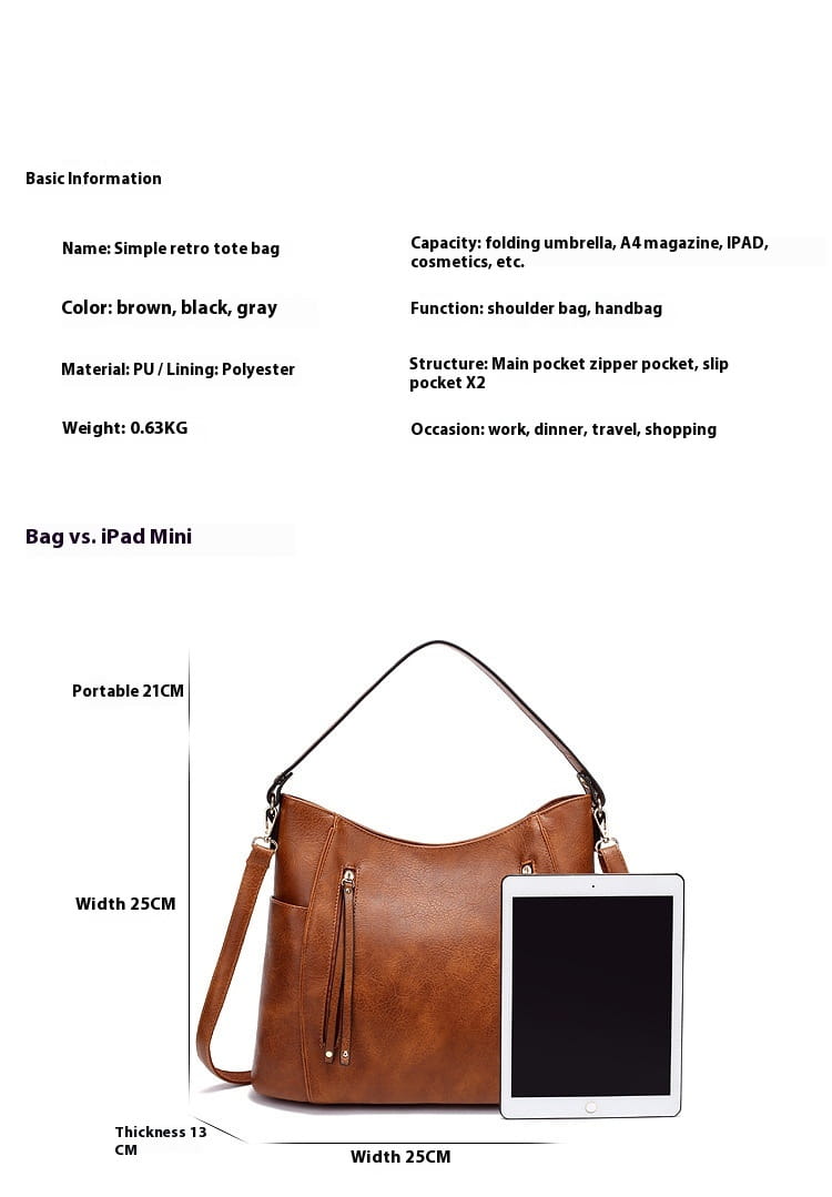 brown pu leather simple retro tote bag with black and gray accents featuring a shoulder strap and multiple pockets for large capacity luxury women leather use