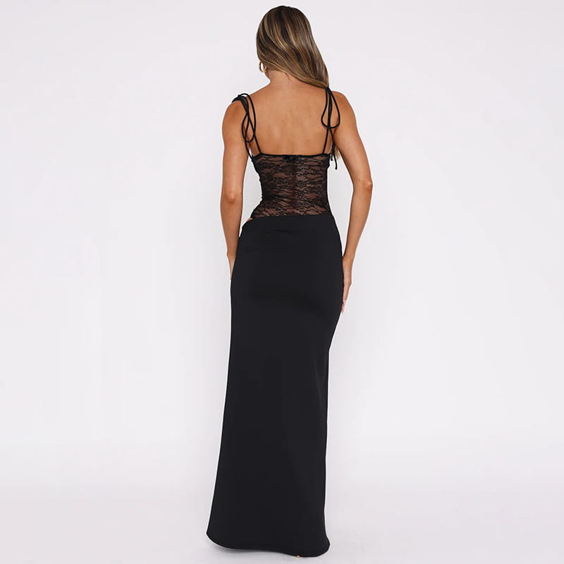 black lace and burgundy satin y2k lace suspender dress with thin tie-back straps shown from the back.