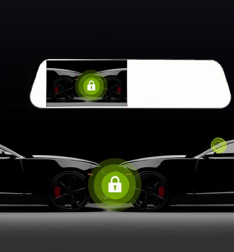 white glass white rearview driving recorder showing rearview mirror with integrated camera display and green lock icon over the rear wheels of a black car viewed from the back side