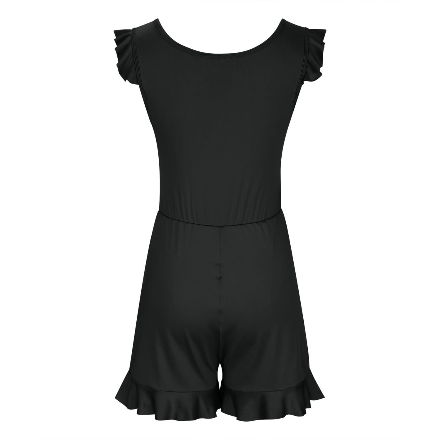 black solid color printing bikini ruffled romper swimwear with ruffled sleeves and hemmed one-piece jumpsuit design