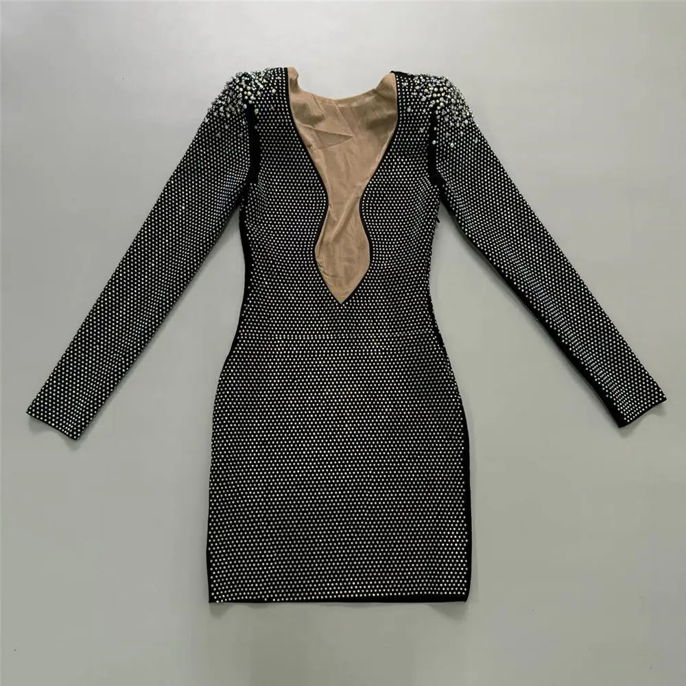 black long-sleeved sexy rhinestone bandage dress with a plunging neckline and silver rhinestone shoulder embellishments perfect for dress cross border and cross border foreign sales.