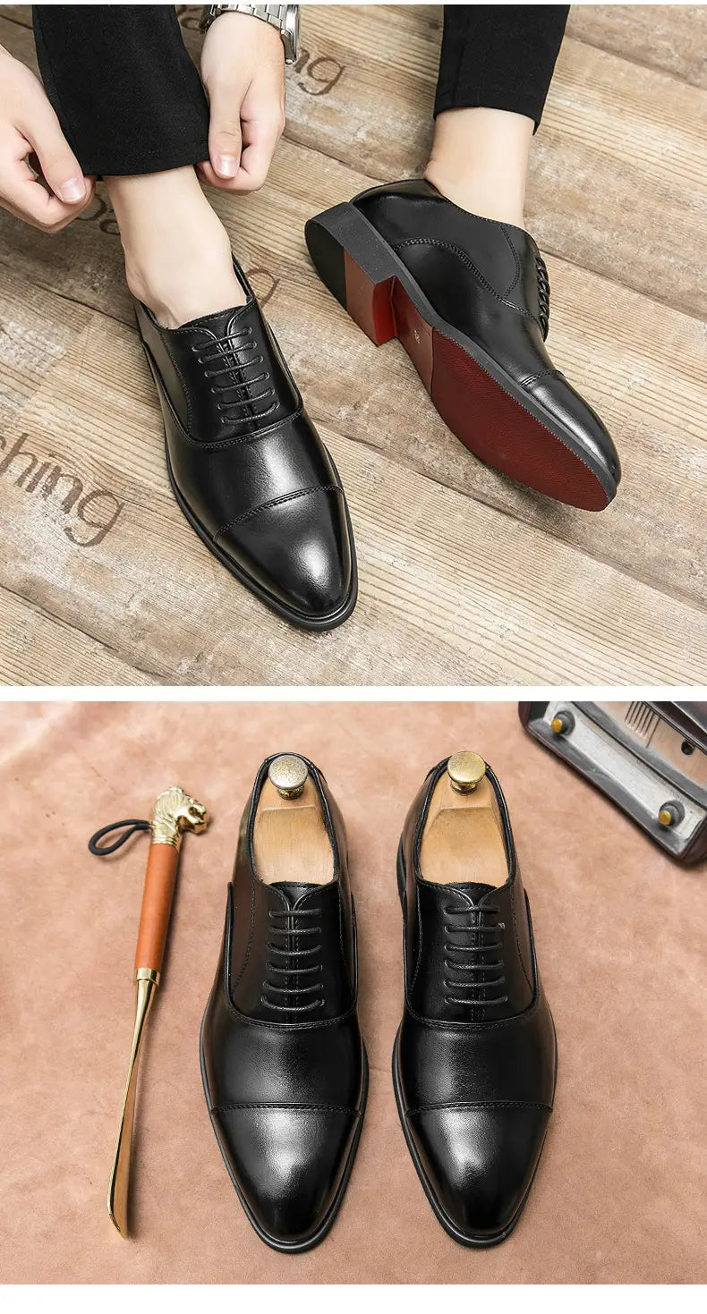 Black leather oxford shoes with a polished finish and red rubber soles designed as plus size casual leather shoes.