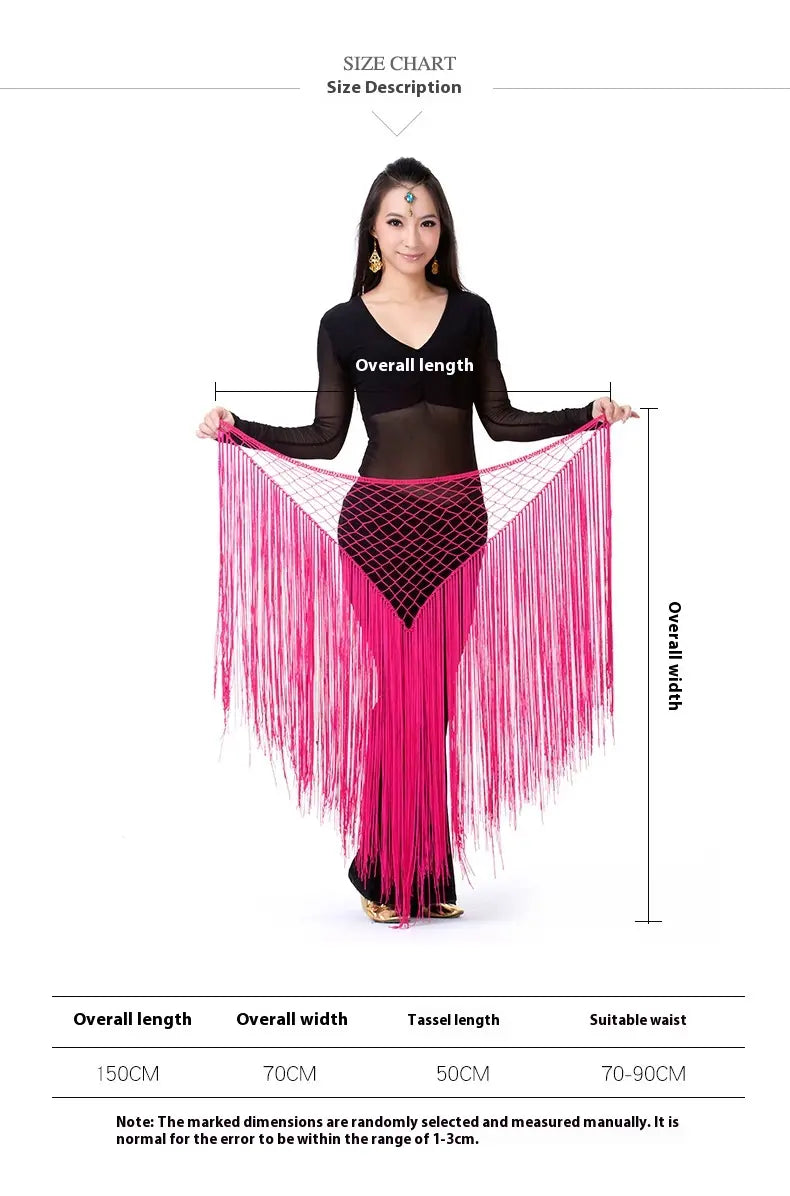 Vibrant fuchsia fringe dance skirt with mesh panel and sheer long-sleeved top paired with an argentina style triangular binder shawl hip scarf.