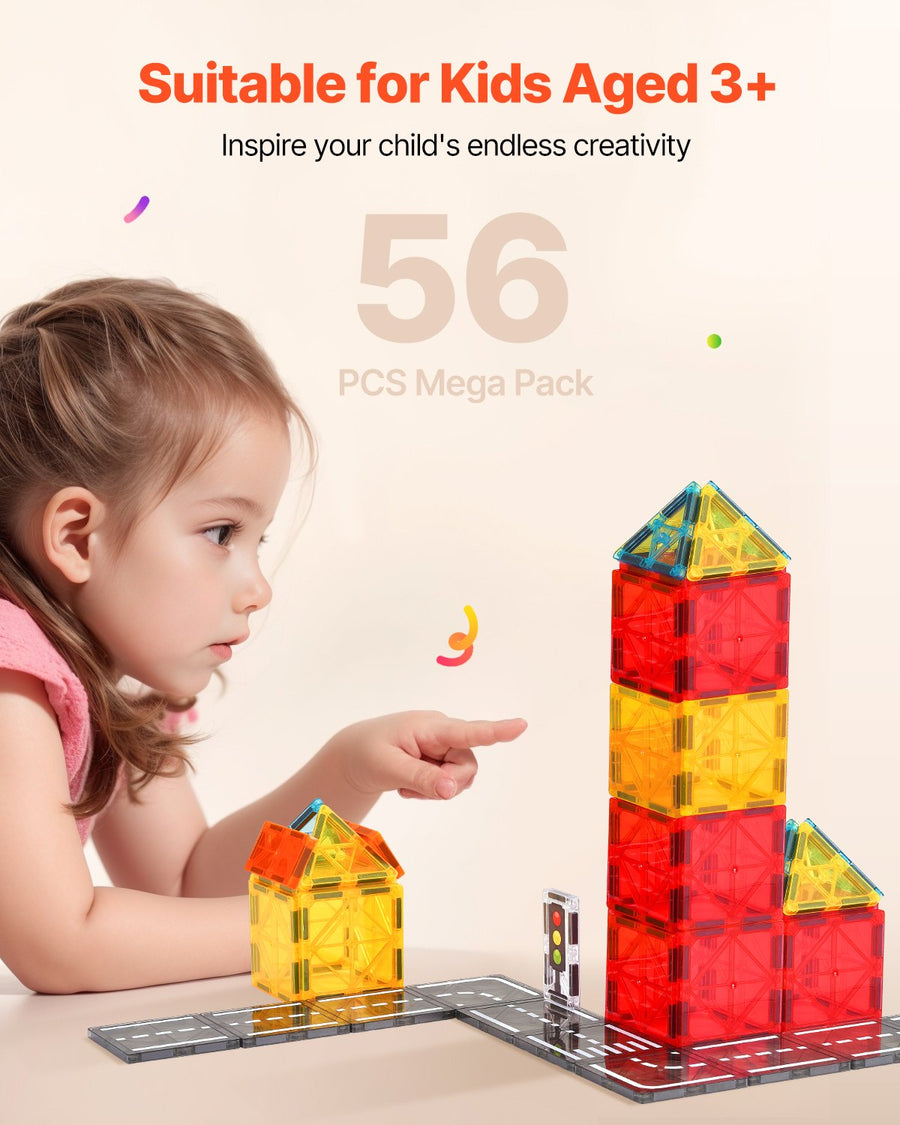 56-Piece Magnetic Tiles Road Building Set - STEM City Construction Toy for Kids 3+ with Storage Bag