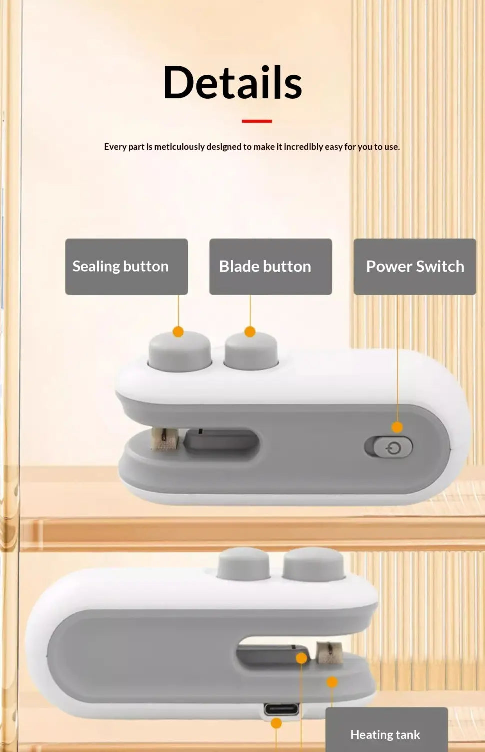 white and gray plastic portable usb heat sealer with three buttons labeled sealing blade and power switch and magnetic storage clip for vacuum sealer use