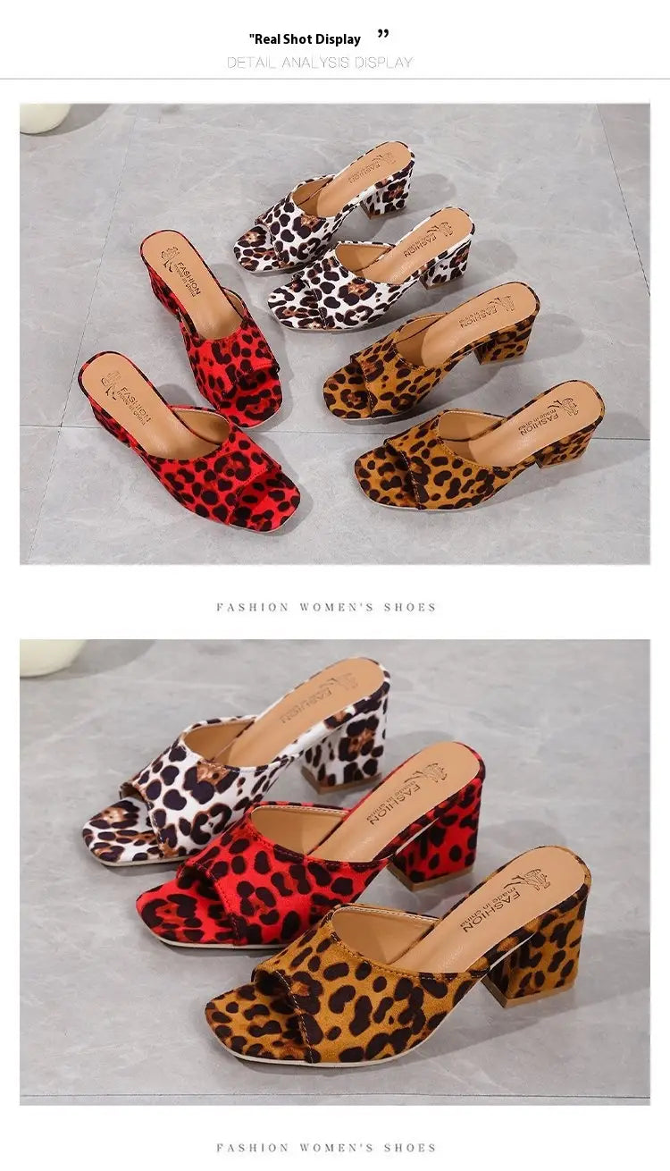 red leopard square toe sandals feature leopard print mule design in red black and tan with chunky block heels ideal for toe sandals summer wear