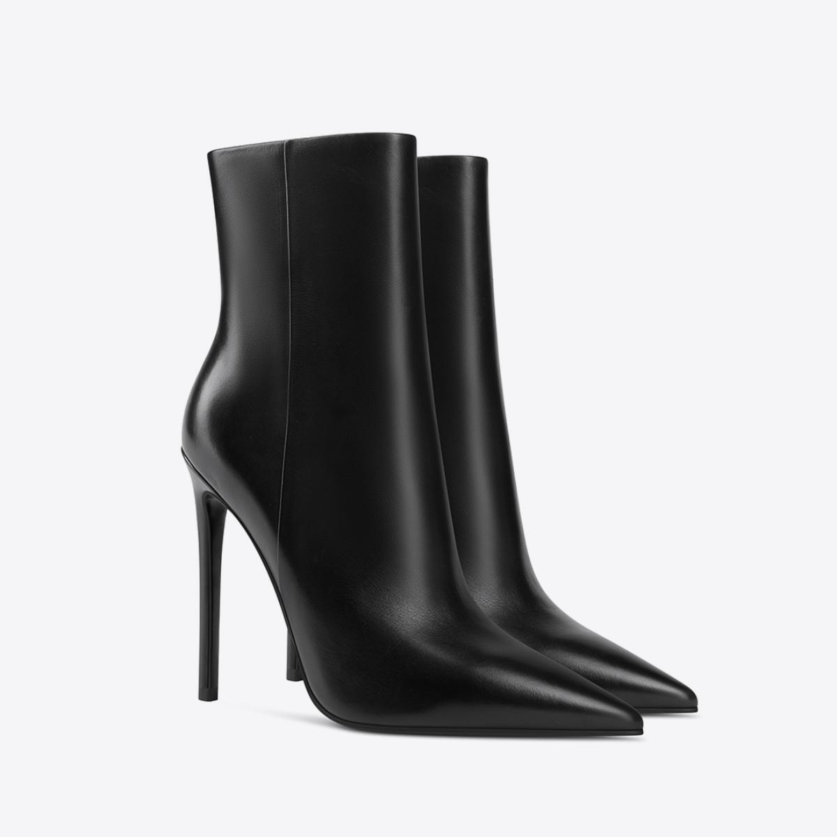 Black leather stiletto ankle boots with a sleek pointed toe and slender high heel.