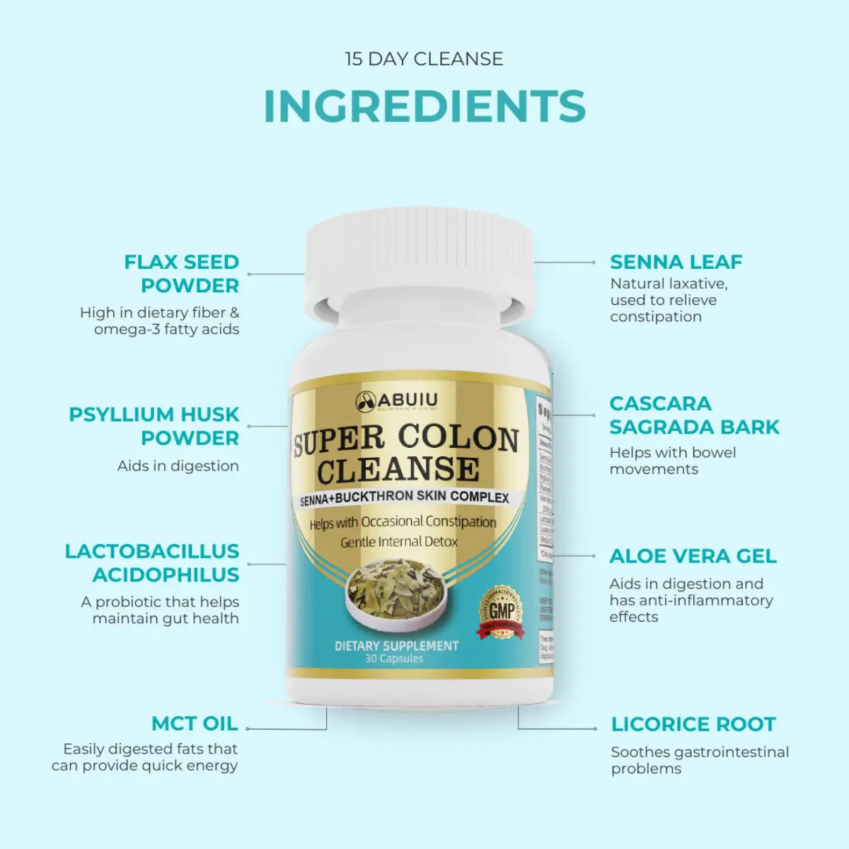 white plastic bottle with gold and teal label featuring super colon cleanse by abuiu containing 30 count cleanse capsule for digestive health and wellness.