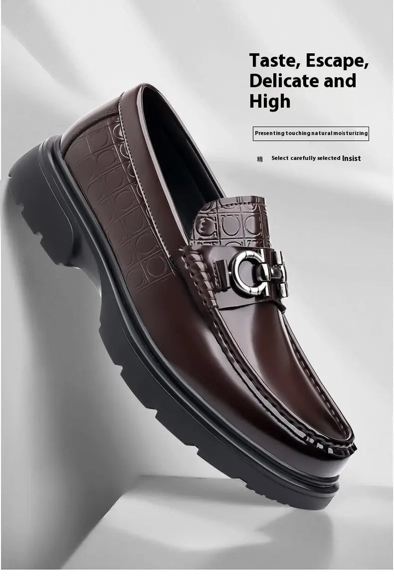 brown leather loafer with textured crocodile pattern and metallic buckle designed as platform retro casual shoes