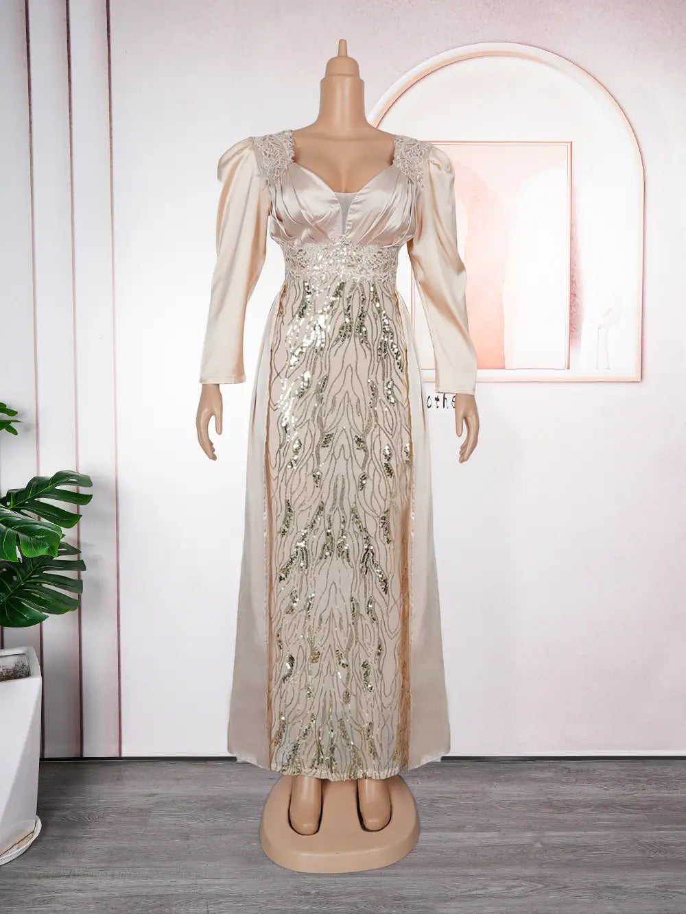 beige satin plus size long sleeve sequined evening dress with puffed sleeves and a sequined peacock feather pattern down the front