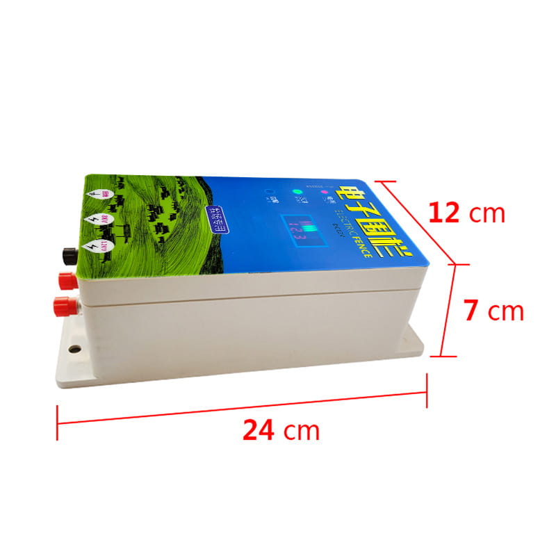 white rectangular electronic fence controller pasture electronic host with digital display featuring a blue and green labeled top panel with chinese characters and red and black connectors on the side for electronic host high voltage applications