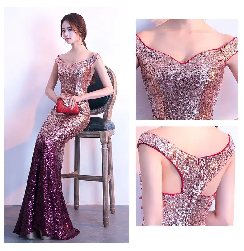 a shimmering rose gold to deep burgundy sequined long slim fit mermaid gown with a plunging neckline and open back designed for slim fit fashion host use