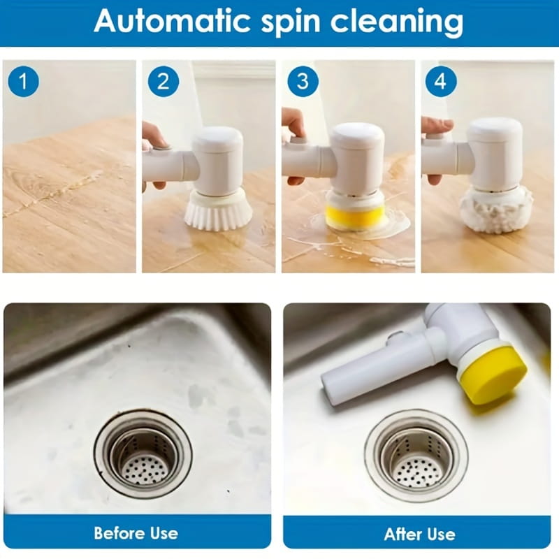 White and yellow 1pc electric spin cleaning brush with a rotating head designed for effortless countertop or sink scrubbing.