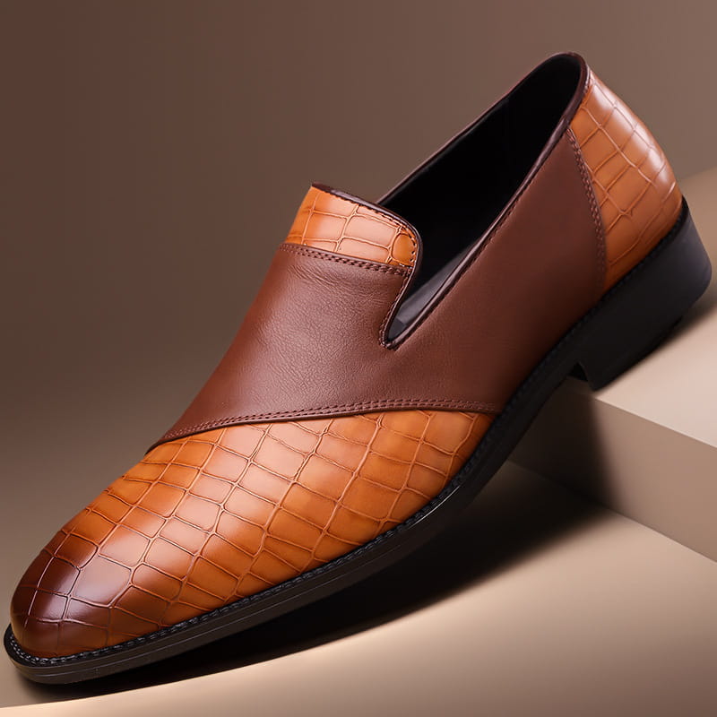 brown and tan two-tone leather shoes with crocodile-embossed detailing on the toe cap and heel counter designed for plus size british business dress use