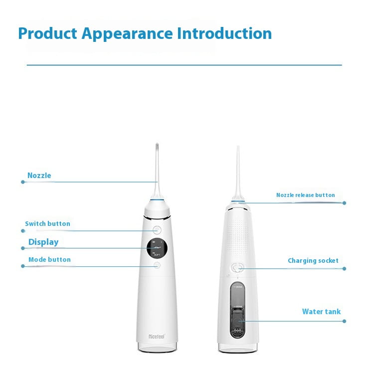 White multifunctional water toothpick electric with a sleek ergonomic design, transparent water tank, and digital display for enhanced oral hygiene.