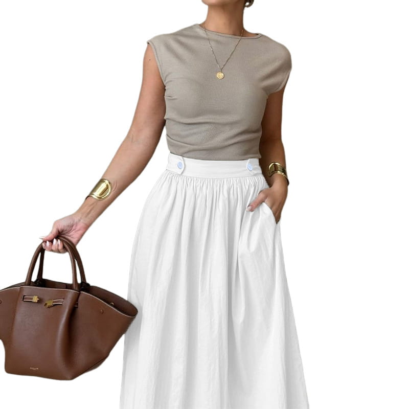 brown leather handbag with gold-tone hardware and structured handles complementing a white cotton linen slimming large hem midi skirt