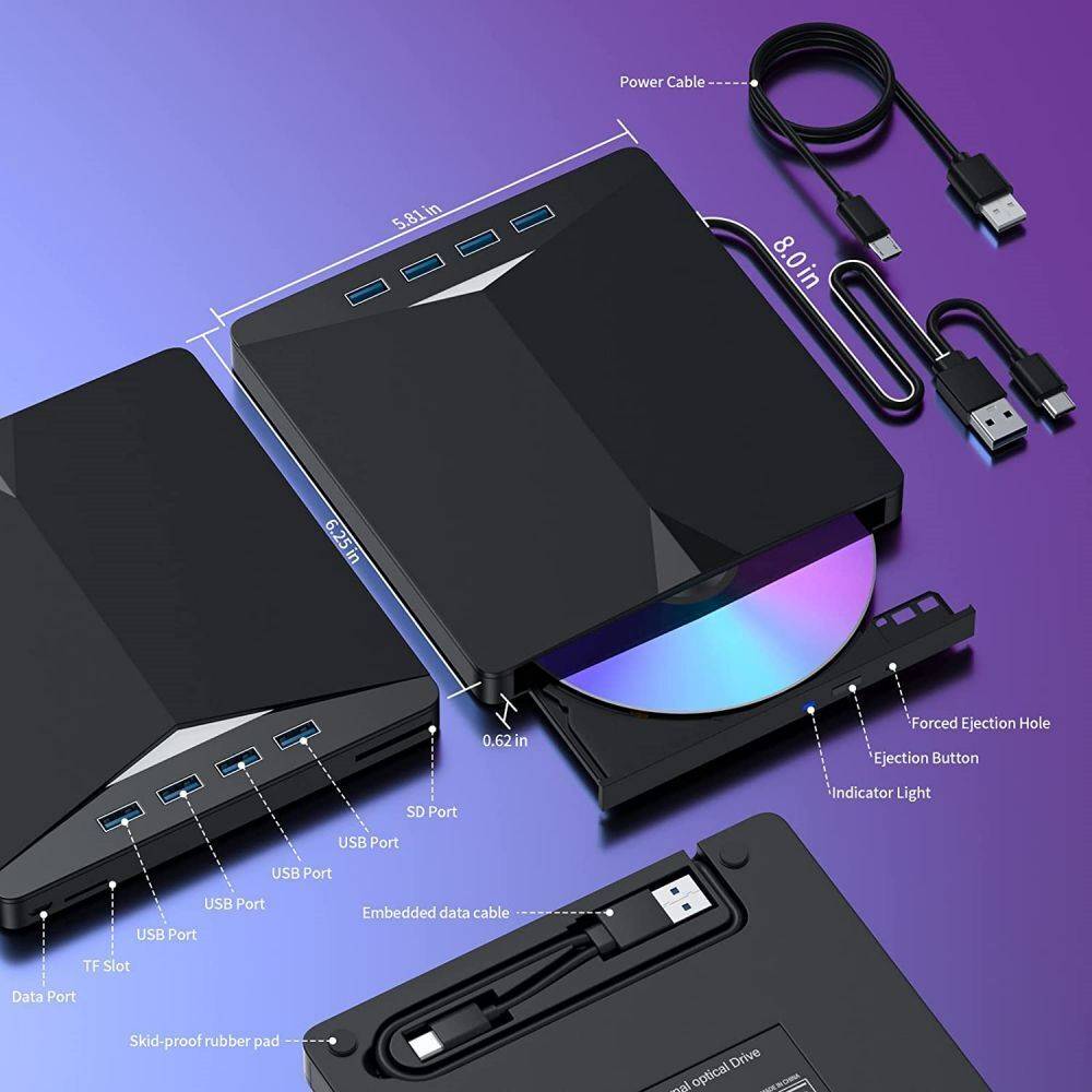 Black external cd dvd drive usb featuring multiple ports and a sleek modern design for versatile connectivity