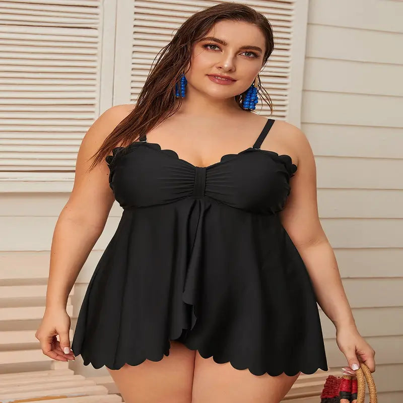 black scalloped-edge one-piece swimsuit with ruched bodice and tie-front detail in a plus size bottoms two piece set