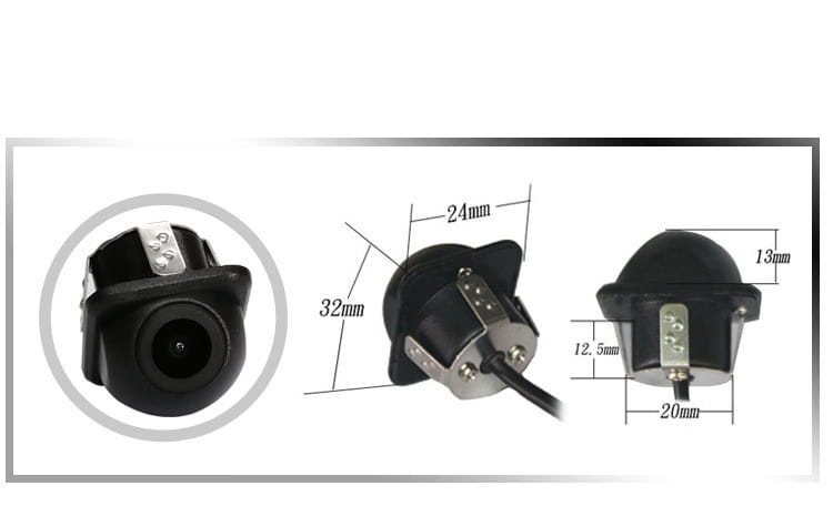 Black plastic hd perforated rear view car camera with metallic mounting bracket and attached wiring shown from the back side.