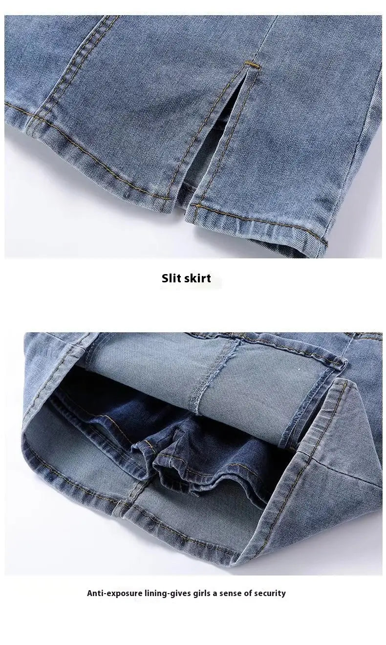 a mid-waist light blue denim skirt with a side slit contrasting with the distressed black denim skirt product description