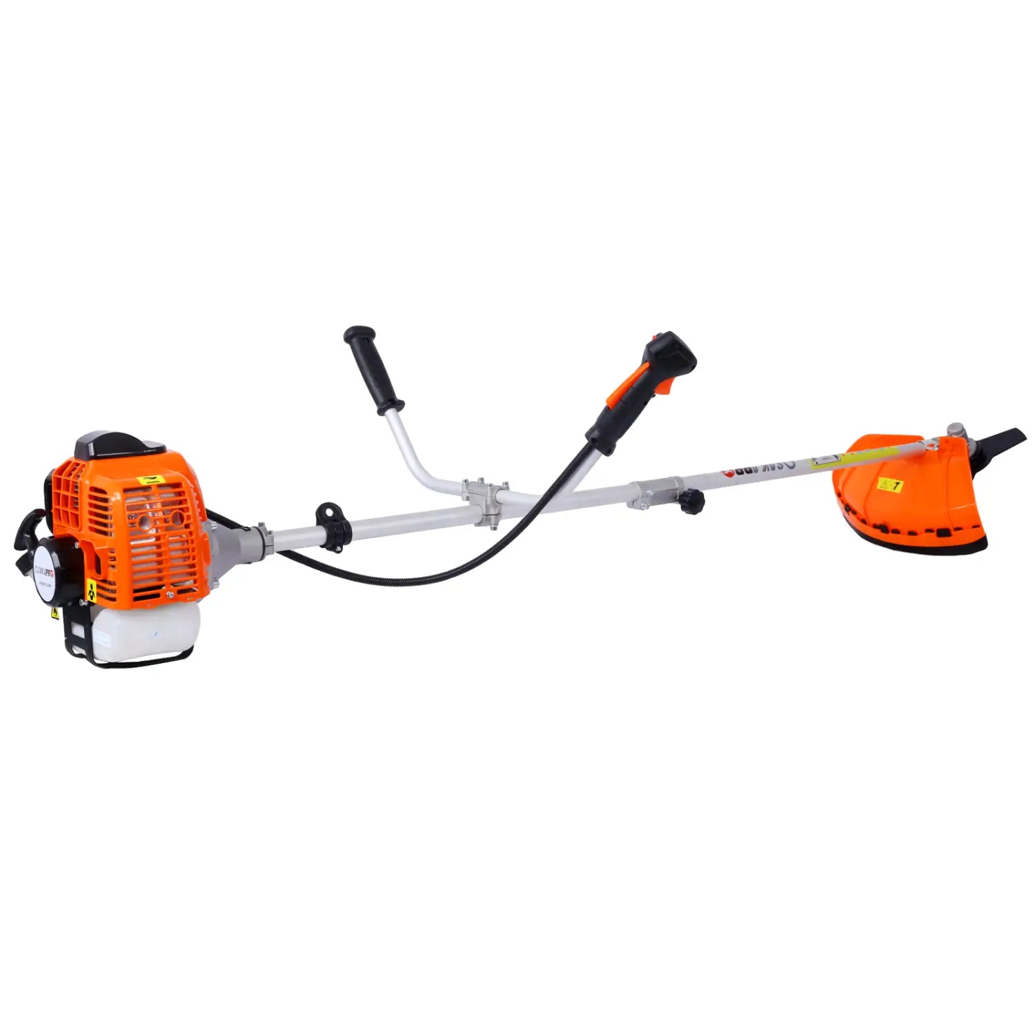 orange and black gasoline-powered brush cutter with silver metal shaft and adjustable handle designed for plastic pruning tools and plastic pruning tasks