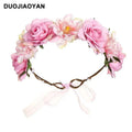 Pink fabric colorful rose flower garland hair accessory with artificial roses green leaves and sheer ribbon bow