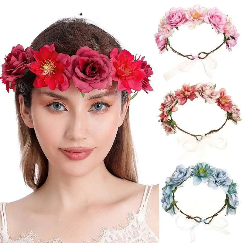 A fabric colorful rose flower garland hair accessory with vibrant red and pink artificial roses on a dark brown frame