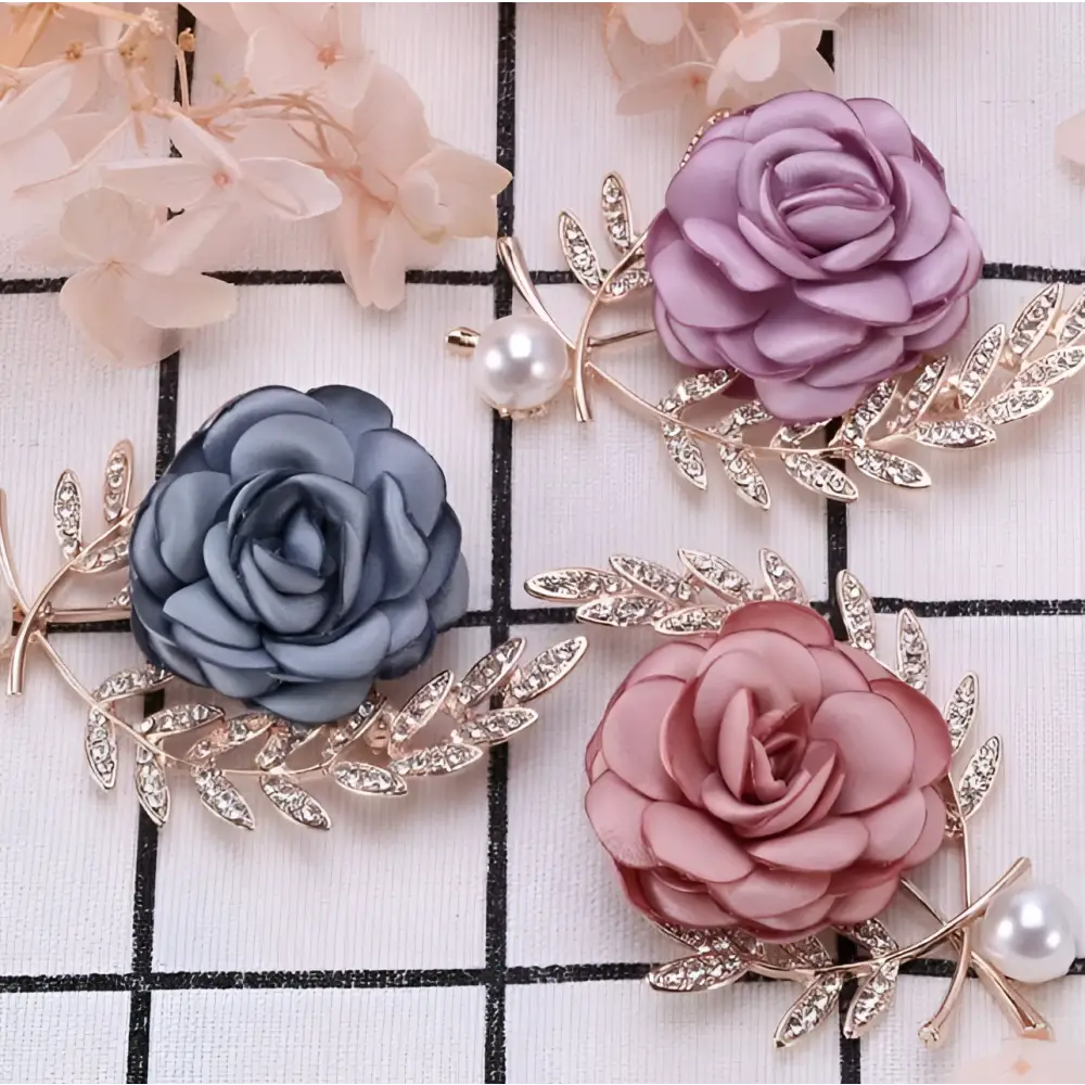Three elegant fabric flower lady temperamental pins floral brooch set with satin roses in lavender dusty blue blush pink