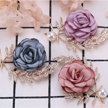 Three elegant fabric flower lady temperamental pins floral brooch set with satin roses in lavender dusty blue blush pink