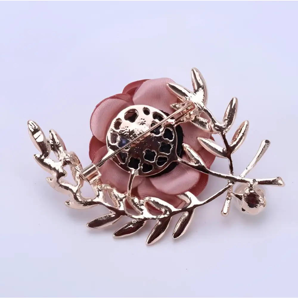 Delicate fabric flower lady temperamental pin floral brooch set featuring a pink rose with gold-toned leaves and branches